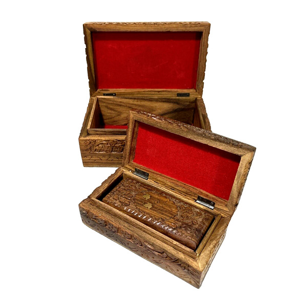 Vintage Carved Wood Nesting Boxes (3) Ornate Hinged Brass Inlay Stacking Jewelry - Picture 7 of 12